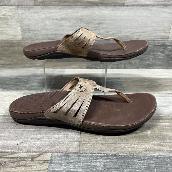 Chaco Sansa Sandals Women’s 7 Brown Leather Embossed Thong Flip Flop Tribal - Picture 1 of 8